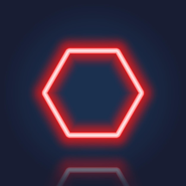 Red realistic hexagon neon banner with reflection effect neon frame with glowing border