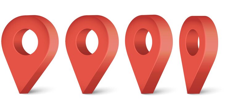 Vector 紅色現實地圖指針 位置符號向量組在白色背景上隔離 網頁位置點指針 3d箭標 向量插圖