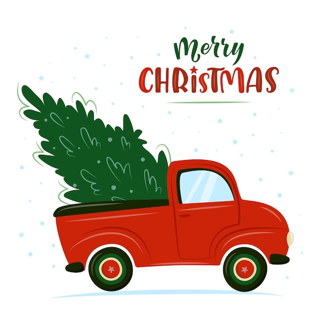 Red retro car with Christmas tree; X-mas truck with fir tree.