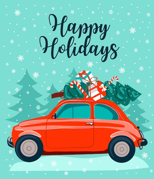 モミの木と赤いレトロな車ハッピーホリデーテンプレートベクトルクリスマスカードバナー