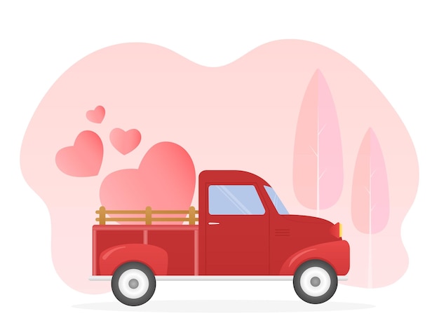 Red retro truck Valentines Day Truck Vintage pickup with hearts