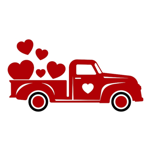 Vector red retro valentine's day truck with hearts vector illustration isolated on white background