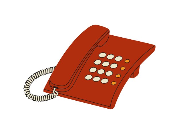 Red Retro Wired Phone With Buttons. Communication Device From 90s. Hand Drawn Vector Illustration