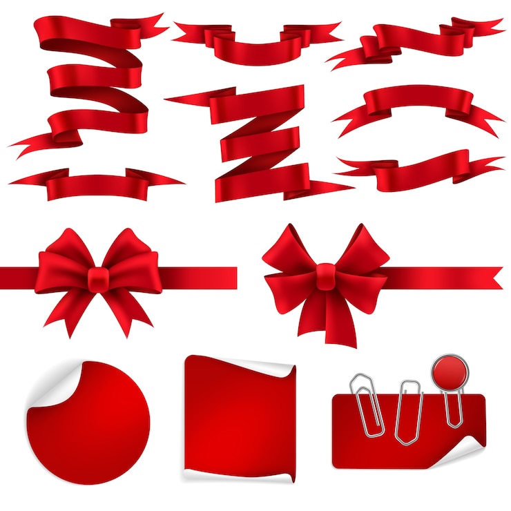 Vector red ribbon and gift bows. silk decorative shiny tape banners, label and sticker for christmas discount offer. realistic holiday present decor set