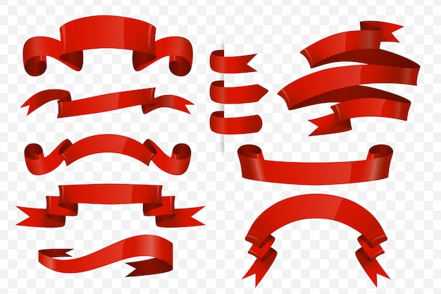 赤いリボンとラベルを漫画のデザインで設定 販売と割引のための空のバナーのバンドル 光沢のあるサテン テープ スクロール渦巻きまたは波のバッジ 他の孤立した平らな要素 ベクトル図