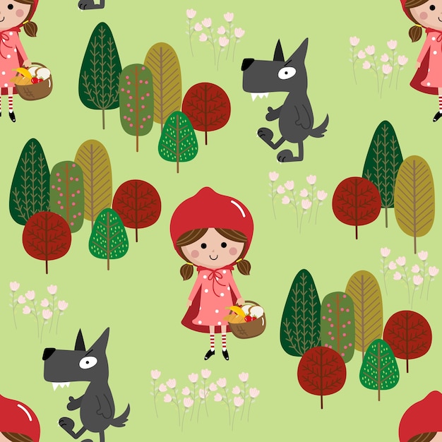 red riding hood and big bad wolf seamless pattern