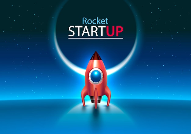 Red rocket start up space toy on the blue background. vector illustration