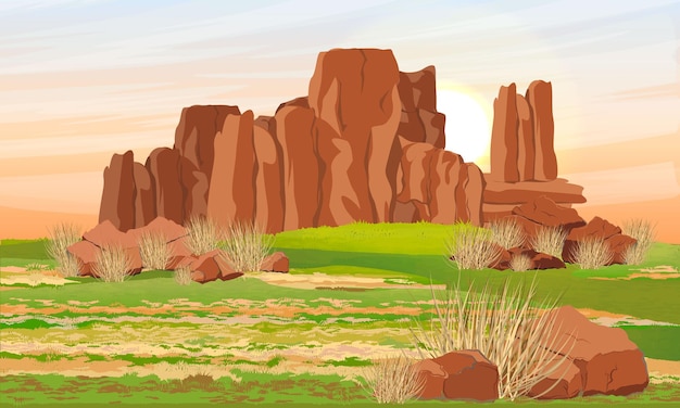 Red rocks in Australia. Valley in front of the mountains. Realistic vector landscape