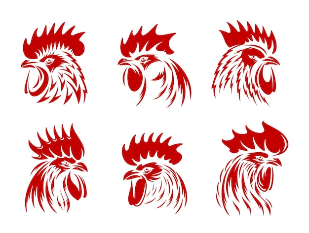 Red rooster cockerel or cock head vector silhouettes of farm animals for butcher shop poultry meat farm or sport team symbols Fighting rooster or cock head side view with red feathers beaks combs