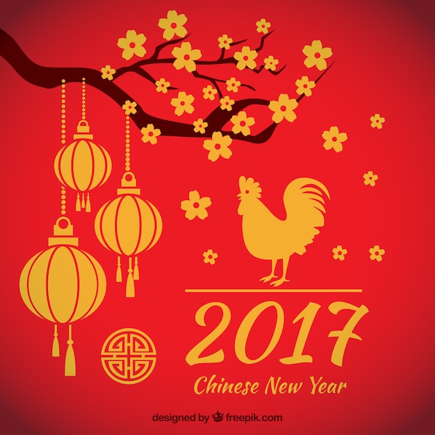 Red rooster year background with branch and lanterns