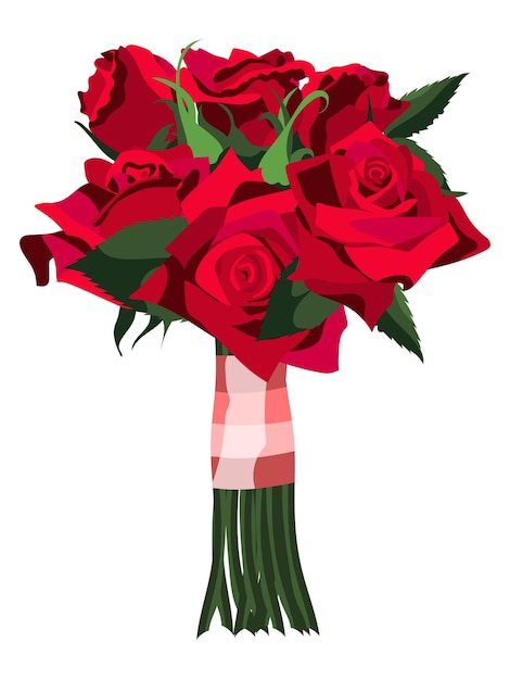 Red rose bouquet with stems and silk band. Isolated on white background