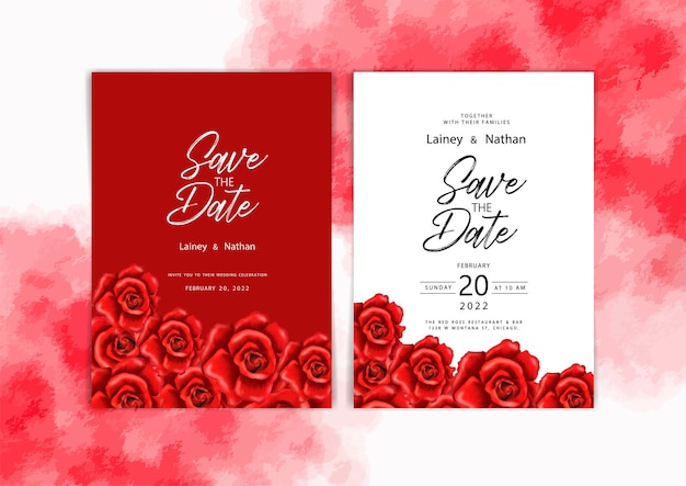 赤いバラエレガントな結婚式の招待カード水彩花