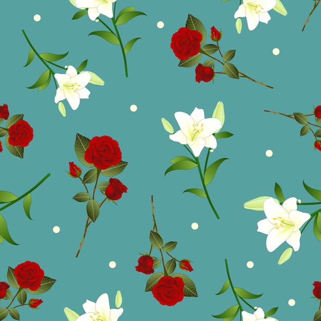 Vector red rose and white lily flower christmas green teal background.