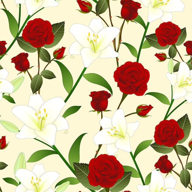 Red Rose and White Lily Flower Seamless Christmas Beige Ivory Background