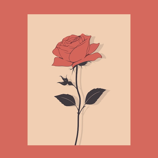 Vector a red rose with a black outline on a beige background.