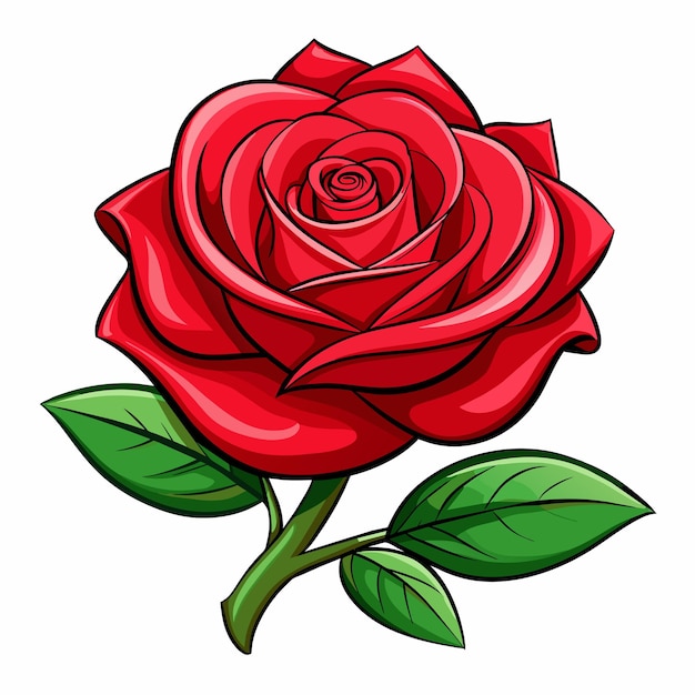 Vector a red rose with green leaves and a white background