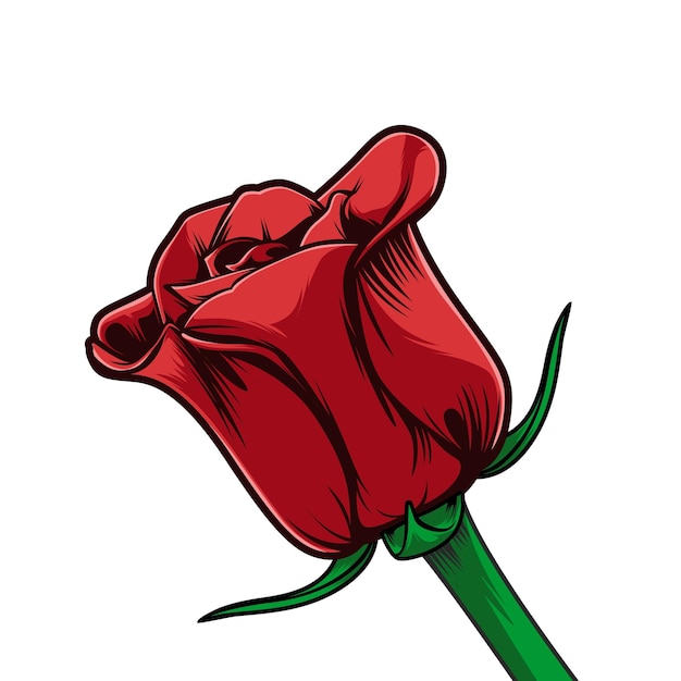 A red rose with a green stem and the word love on it.