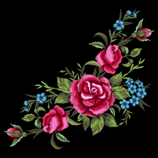赤いバラと青い花の刺繍。