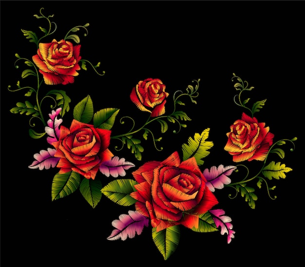 赤いバラのデザインのための美しい花束刺繍要素