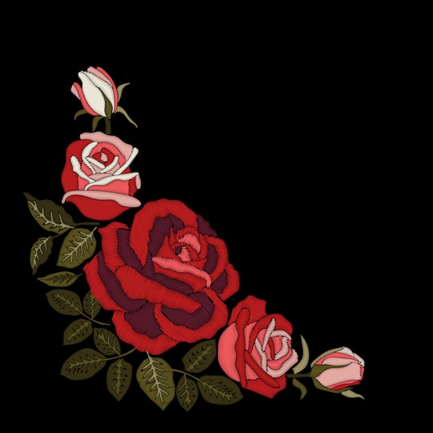 Vector red roses embroidery on black background.