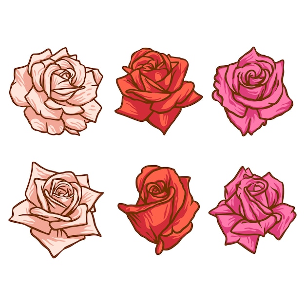 Red roses hand drawn color set