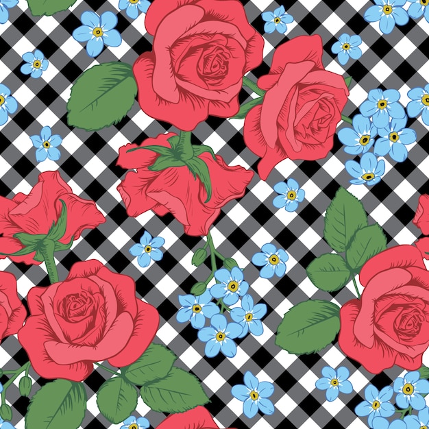 Vector red roses and myosotis flowers on black and white gingham