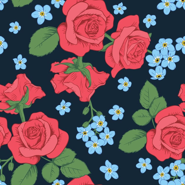 Rose rosse e fiori di miosotis su sfondo blu scuro