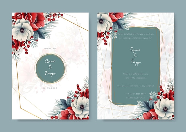 red roses wedding with gold line and blue border invitation template