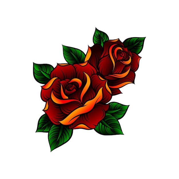 Rose rosse con foglie verdi disegno floreale vettoriale illustrazione su sfondo blu scuro