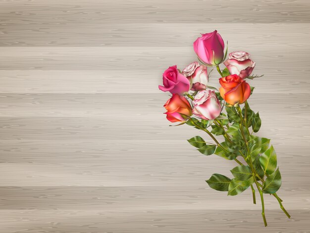 Vector red roses on a wooden background.