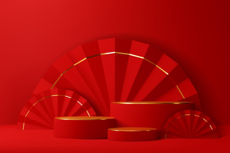 Vector red round chinese podium stage with fans rings