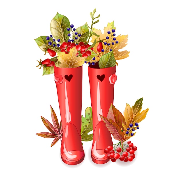 Vector red rubber boots with autumn leaves and berries vector illustration