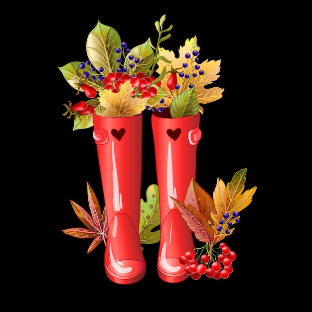 Vector red rubber boots with autumn leaves and berries vector illustration