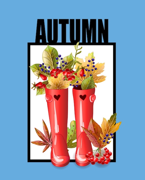 Vector red rubber boots with autumn leaves and berries vector illustration