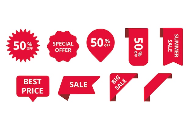 Red sale and discount labels on a white background with copy space