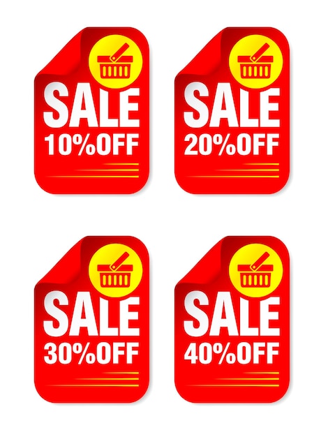 Red sale stickers set with shopping basket sale 10 20 30 40 off