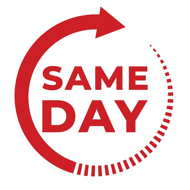 Red same day delivery sticker with spin arrow arrow vector illustration