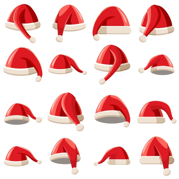 Red Santa Claus hat icons set, cartoon style