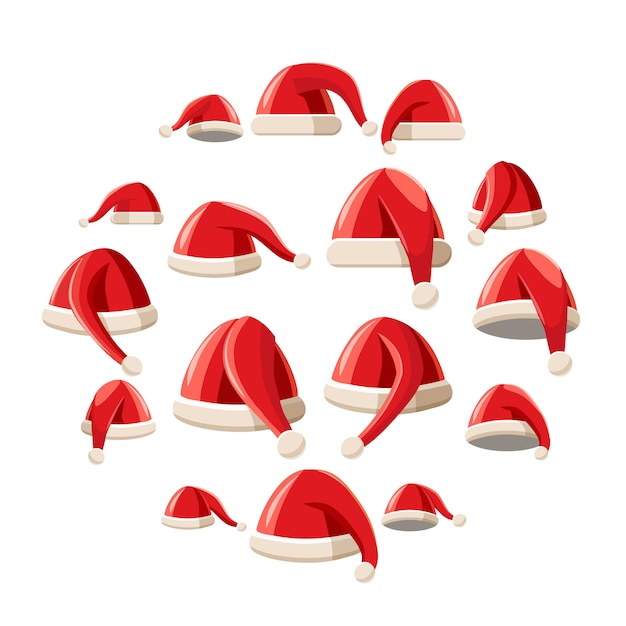 Red Santa Claus hat icons set, cartoon style