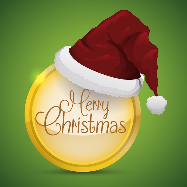 Red Santa's cap on golden button and Merry Christmas message