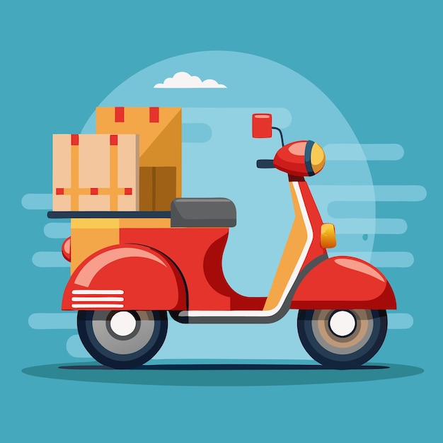a red scooter with a box on the front and the word boxes on the front