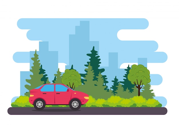 Red sedan car vehicle in the road, with tree plants nature vector illustration design