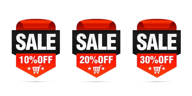 Red set of sale badges 10 20 30 off with shopping cart Vector illustration