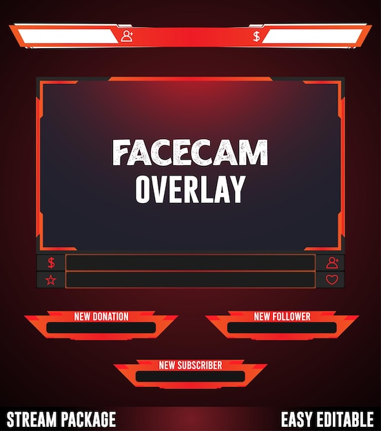 Красный набор игровых элементов Live Stream Overlay для Twitch FaceCam