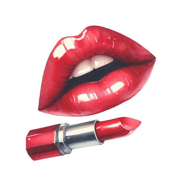 セクシーな赤い女性の唇にリップグラス アクアカラーの塗料で ファッション・ビューティカードの装飾