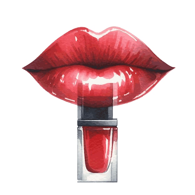 セクシーな赤い女性の唇にリップグラス アクアカラーの塗料で ファッション・ビューティカードの装飾