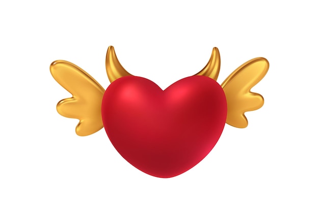 Vector red shiny heart shape with golden wings and horns.