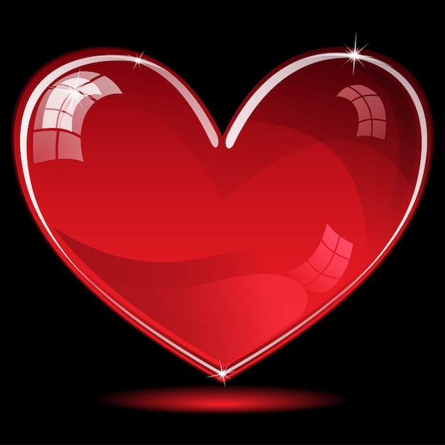 Vector red shiny heart with shadow on black background