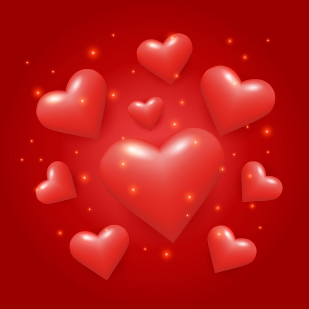Vector red shiny hearts realistic symbol love 3d design romantic glossy card