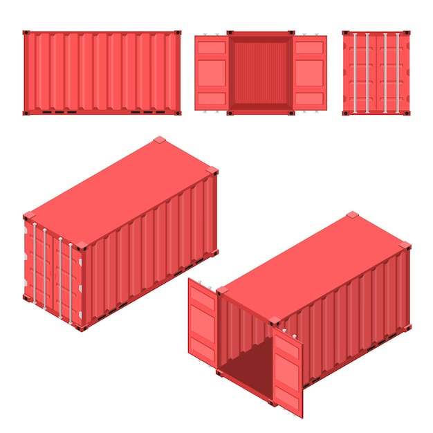 Il container rosso. stili piatti e isometrici. caso aperto e chiuso. deposito e consegna merci. illustrazione vettoriale.